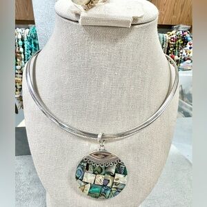 Vintage Sterling Silver 925 Large Round Abalone Shell Pendant & Omega Necklace